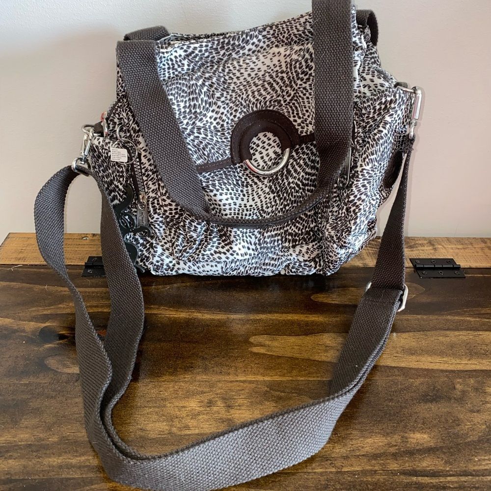 Kipling Tamsin Printed Crossbody Bag Black White Leopard Feathers Pattern Purse
